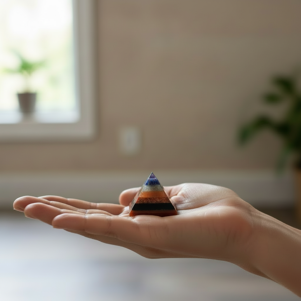 Tiny multi-layer stone pyramid resting in an open palm, showing true miniature scale