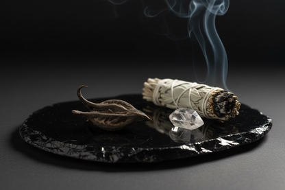 Bat Heart Root on black obsidian slab with quartz crystal and smoldering sage bundle