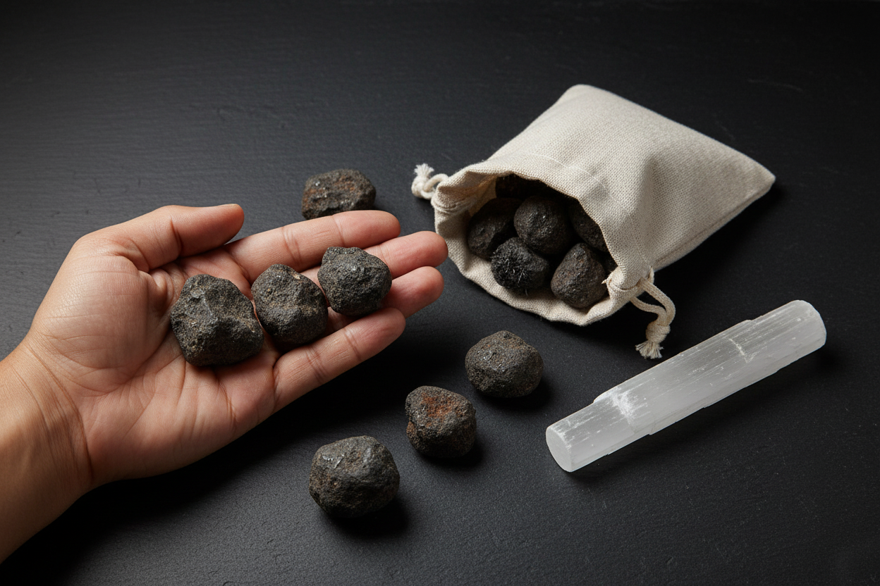 Natural lodestones on black slate with a hand for scale and an open linen pouch beside a selenite wand