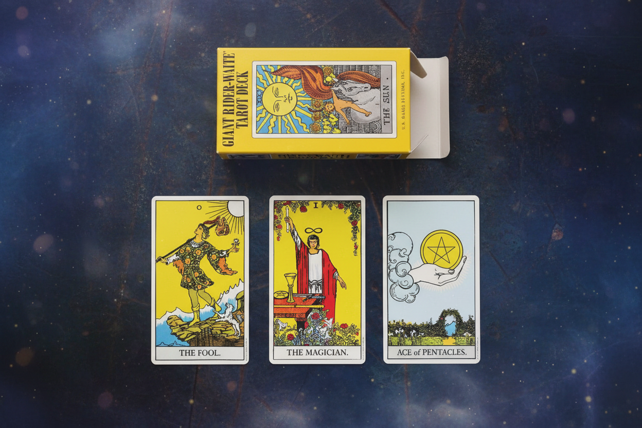 Giant Rider-Waite Tarot Deck yellow box open with three cards laid out in a reading spread on a dark surface