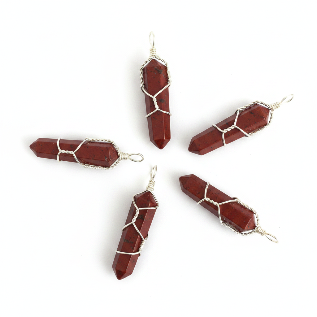 Red Jasper Wire Wrapped Point Crystal Pendant, Set of 5