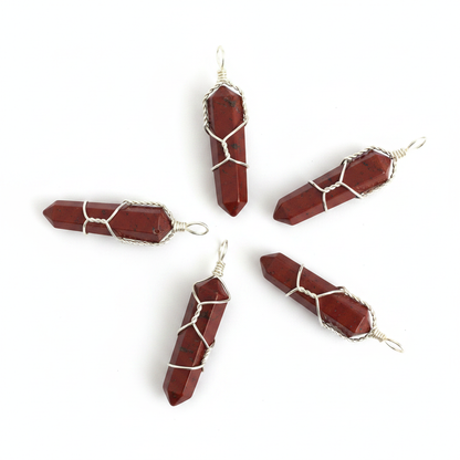 Red Jasper Wire Wrapped Point Crystal Pendant, Set of 5