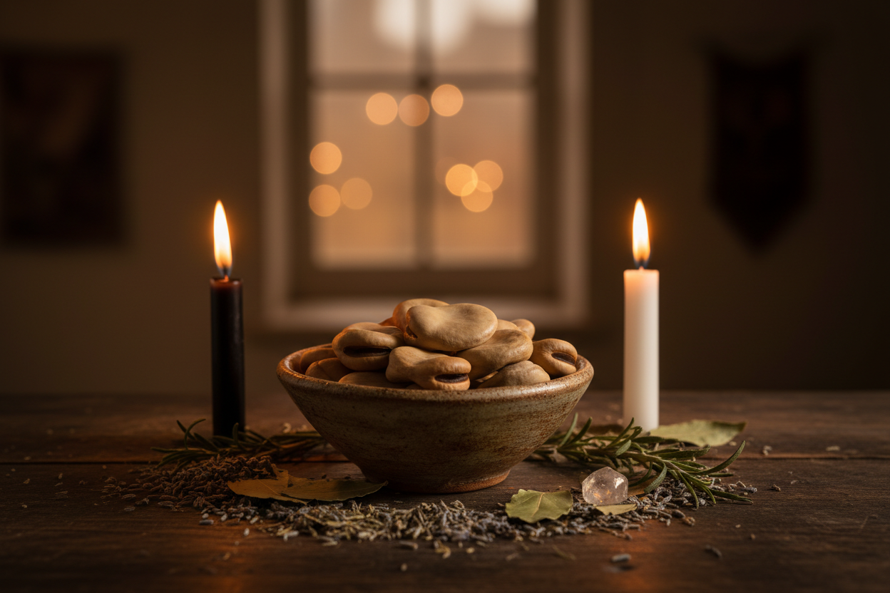 Approximately 13 dried fava beans in a rustic ceramic bowl on a dark altar with black and white taper candles