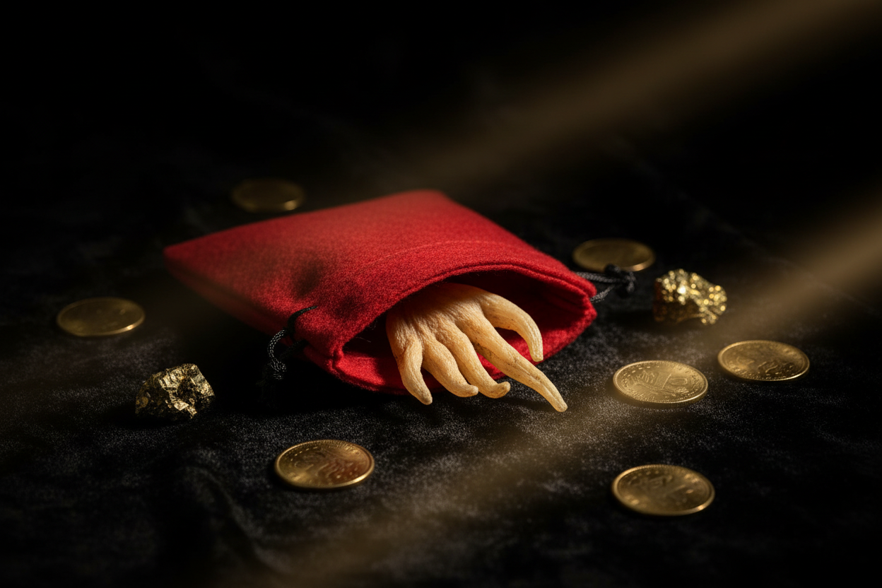 Lucky Hand Root inside a red flannel mojo bag with coins and pyrite on dark velvet