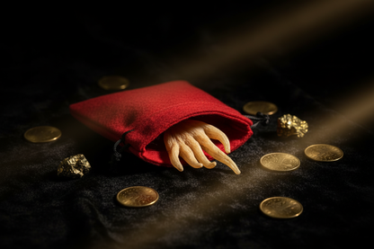 Lucky Hand Root inside a red flannel mojo bag with coins and pyrite on dark velvet