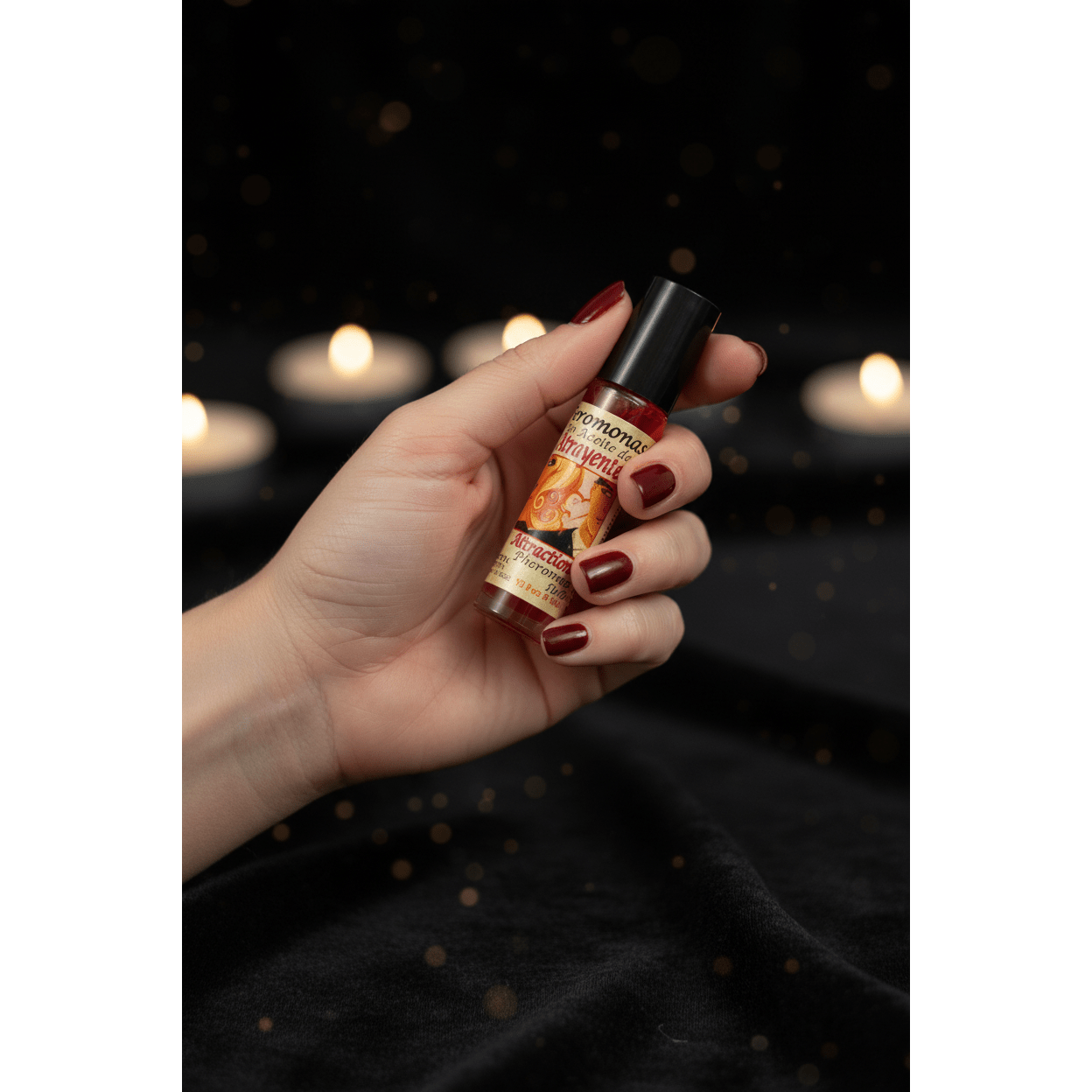 Hand holding Attraction Perfume Oil roll-on bottle ready to apply, dark velvet background with bokeh candlelight