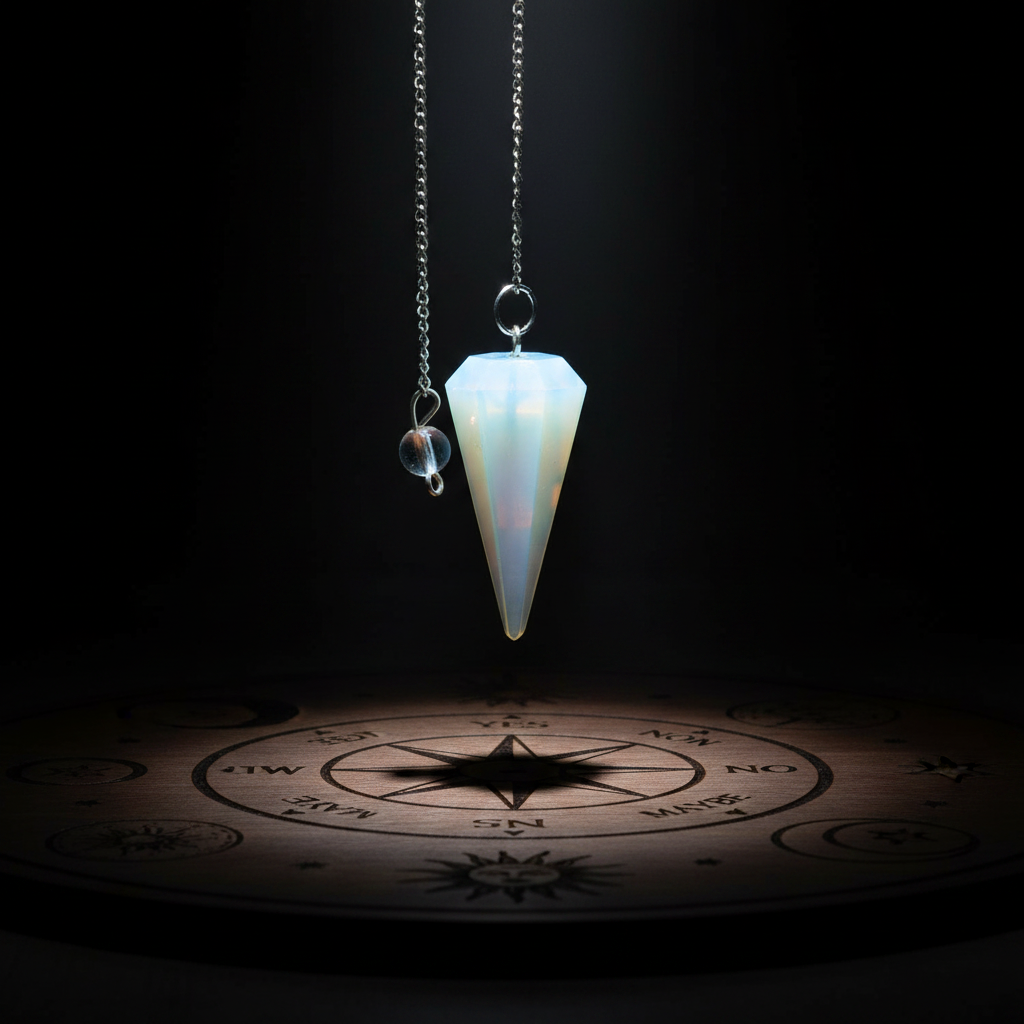 6-sided opalite pendulum suspended over wooden divination board with dramatic spotlight