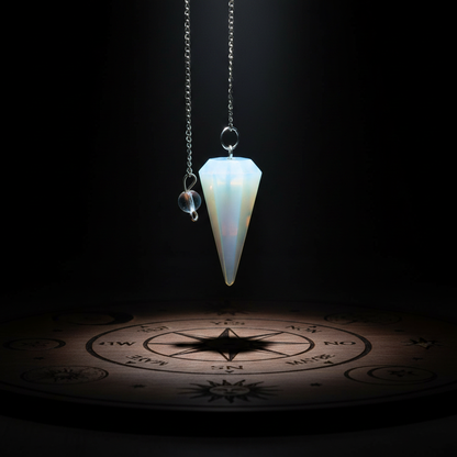 6-sided opalite pendulum suspended over wooden divination board with dramatic spotlight
