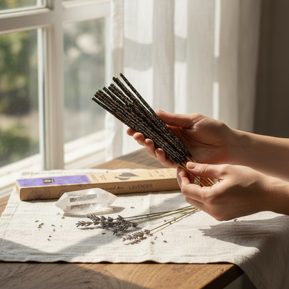 Hands holding lavender incense sticks near window with crystals and dried lavender