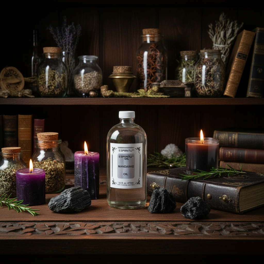 Mandrake Oil bottle on apothecary shelf among herb jars, spell candles, and leather grimoire