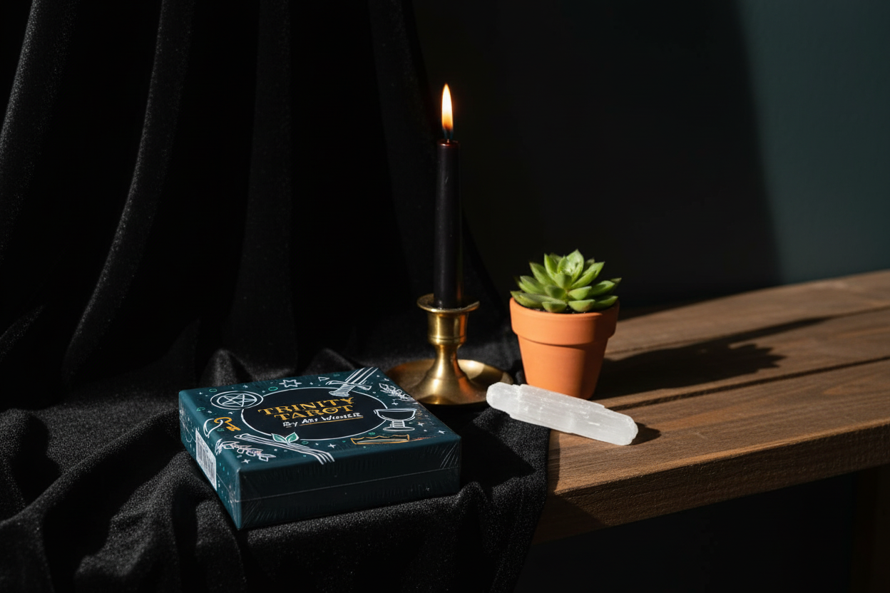 Trinity Tarot by Ari Wisner – dark velvet altar shelf