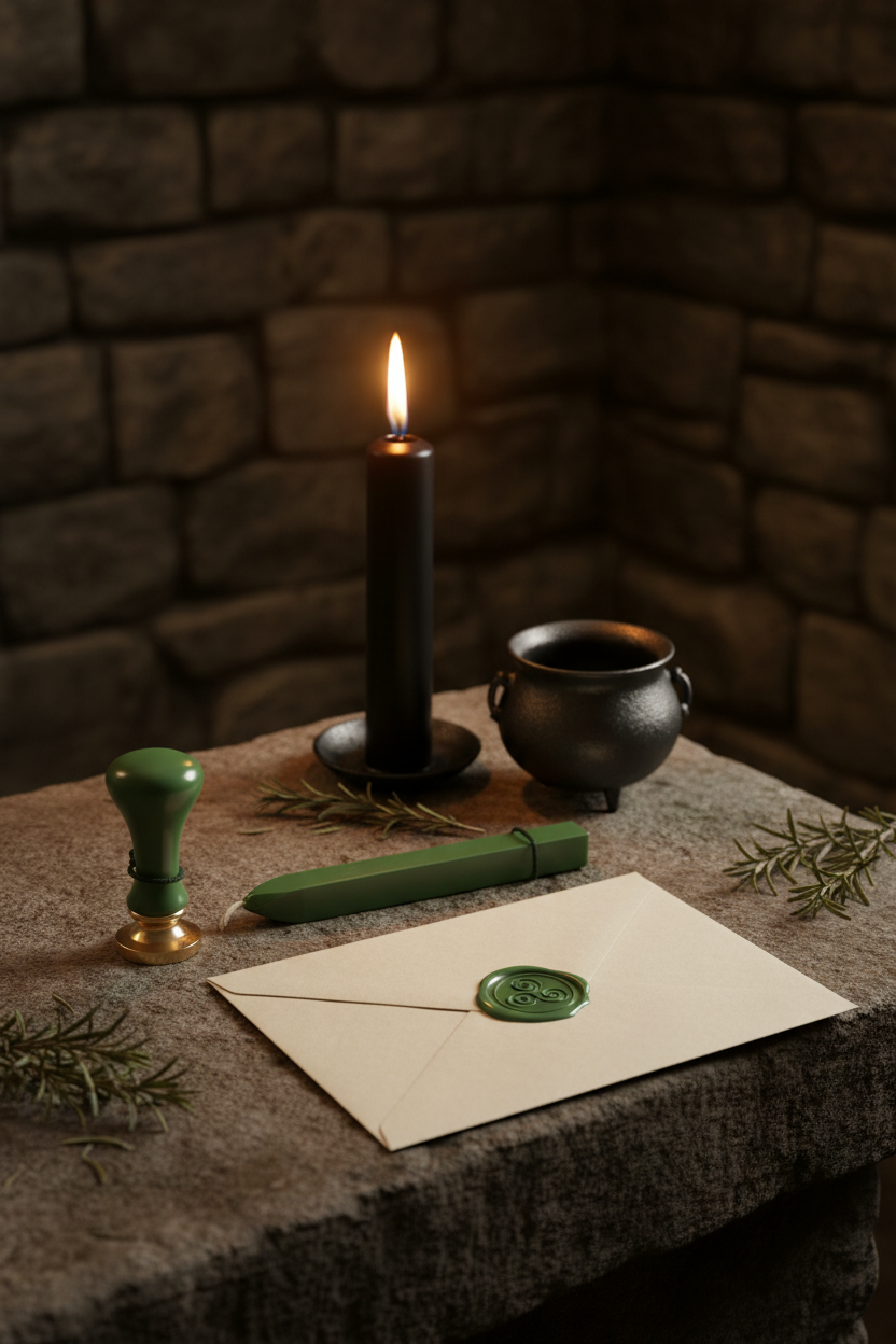 Celtic triskelion sealing wax stamp on stone altar with green wax sealed envelope, black pillar candle, cauldron, and rosemary