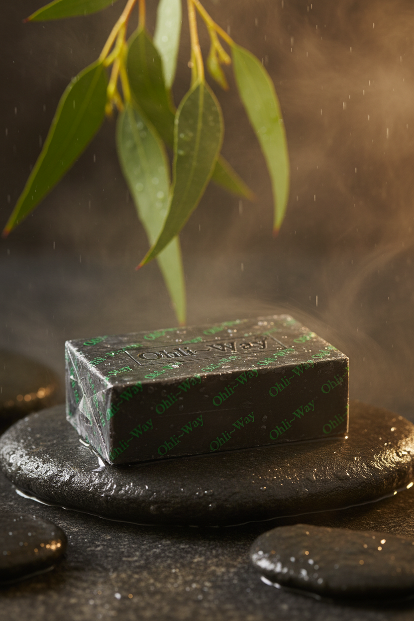Ohli-Way Black Chicken Soap bar on wet dark stone in a steamy shower with eucalyptus sprigs