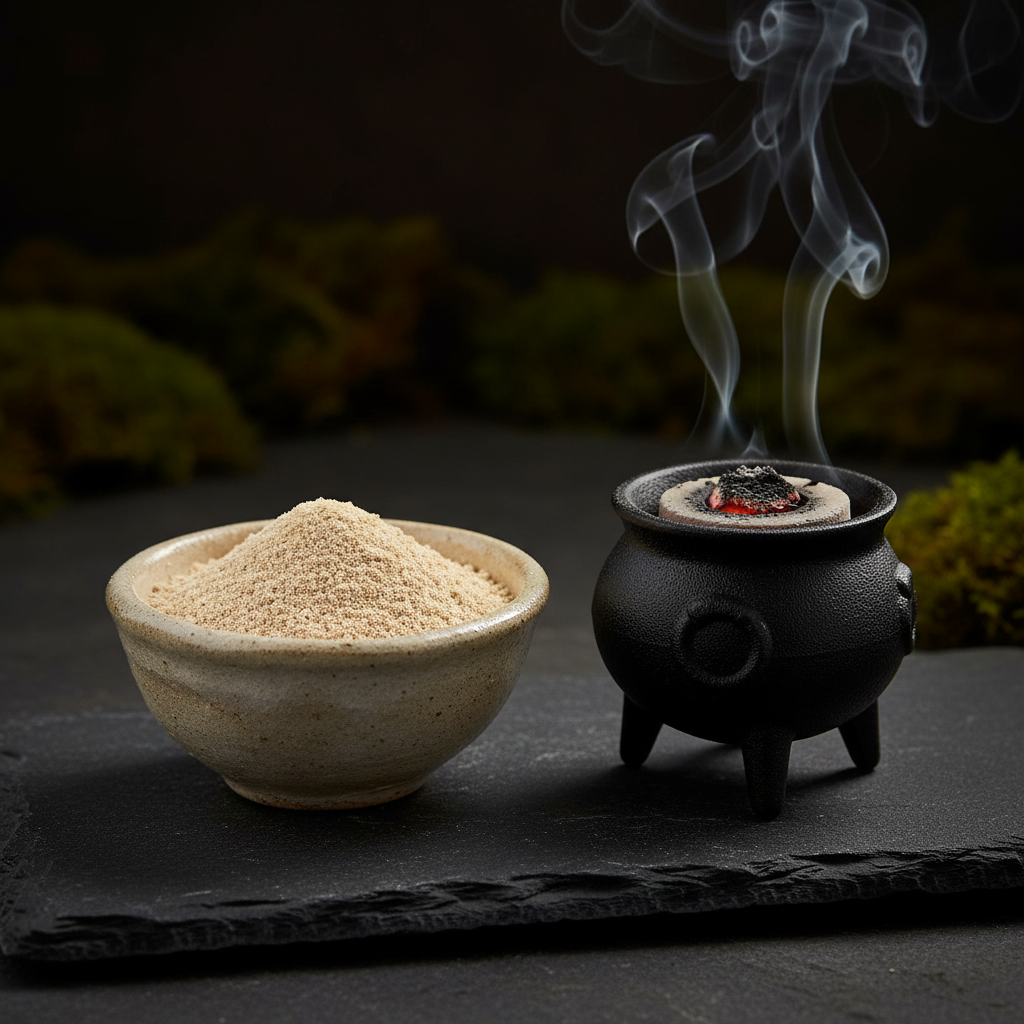 Yellow sandalwood powder in a ceramic bowl beside a lit charcoal disc in a cast iron cauldron with rising smoke