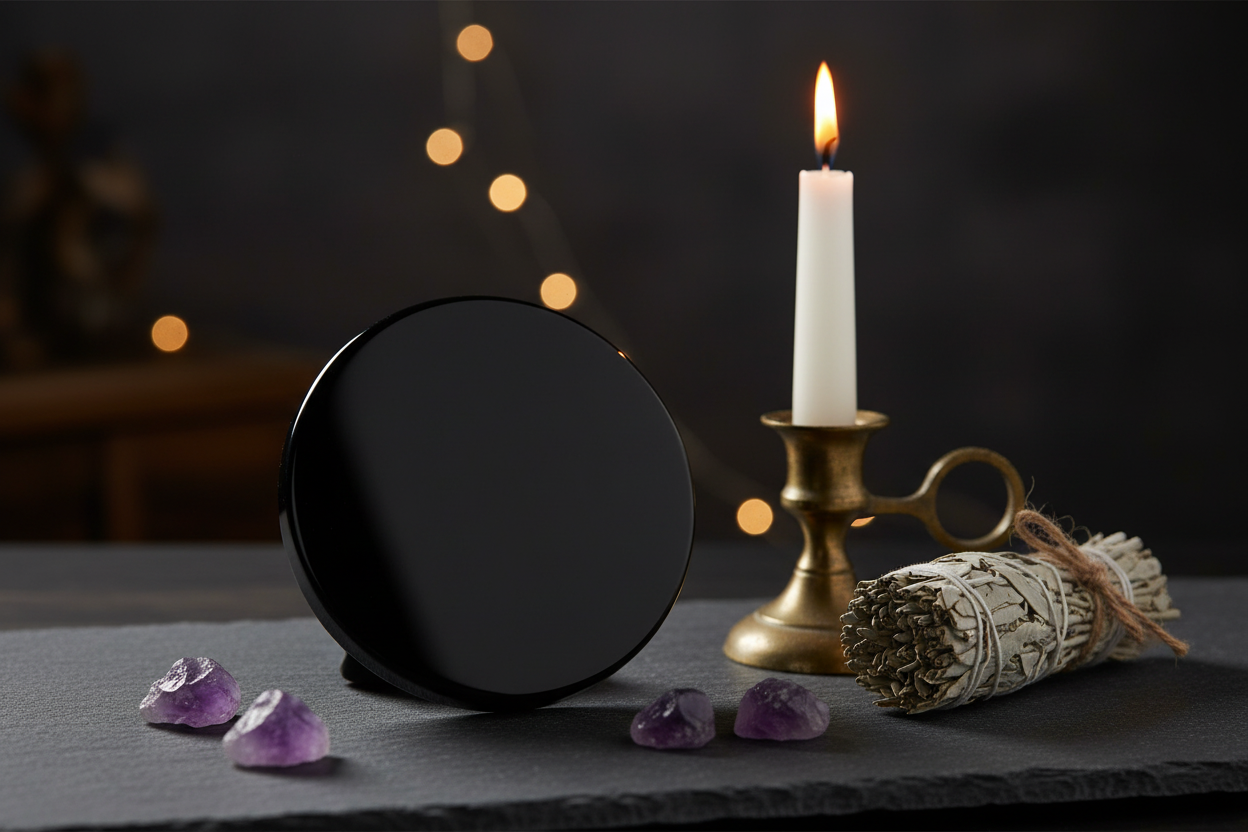 Black Obsidian Scrying Mirror 3 inch on dark slate with taper candle, sage bundle, and raw crystals