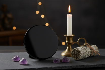 Black Obsidian Scrying Mirror 3 inch on dark slate with taper candle, sage bundle, and raw crystals