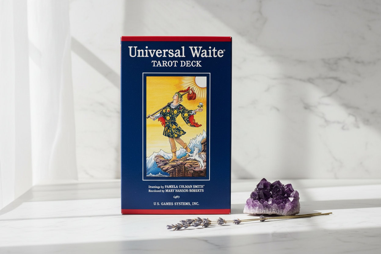 Universal Waite Tarot Deck on white marble with amethyst crystal and dried lavender