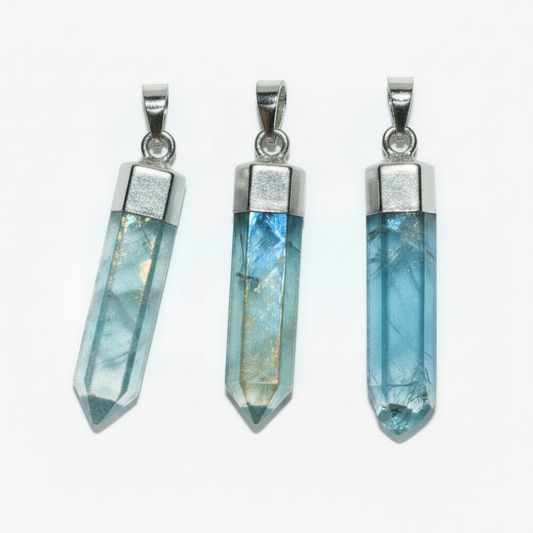 Aqua Aura Quartz Pendants set of 3 with silver clasps on white background