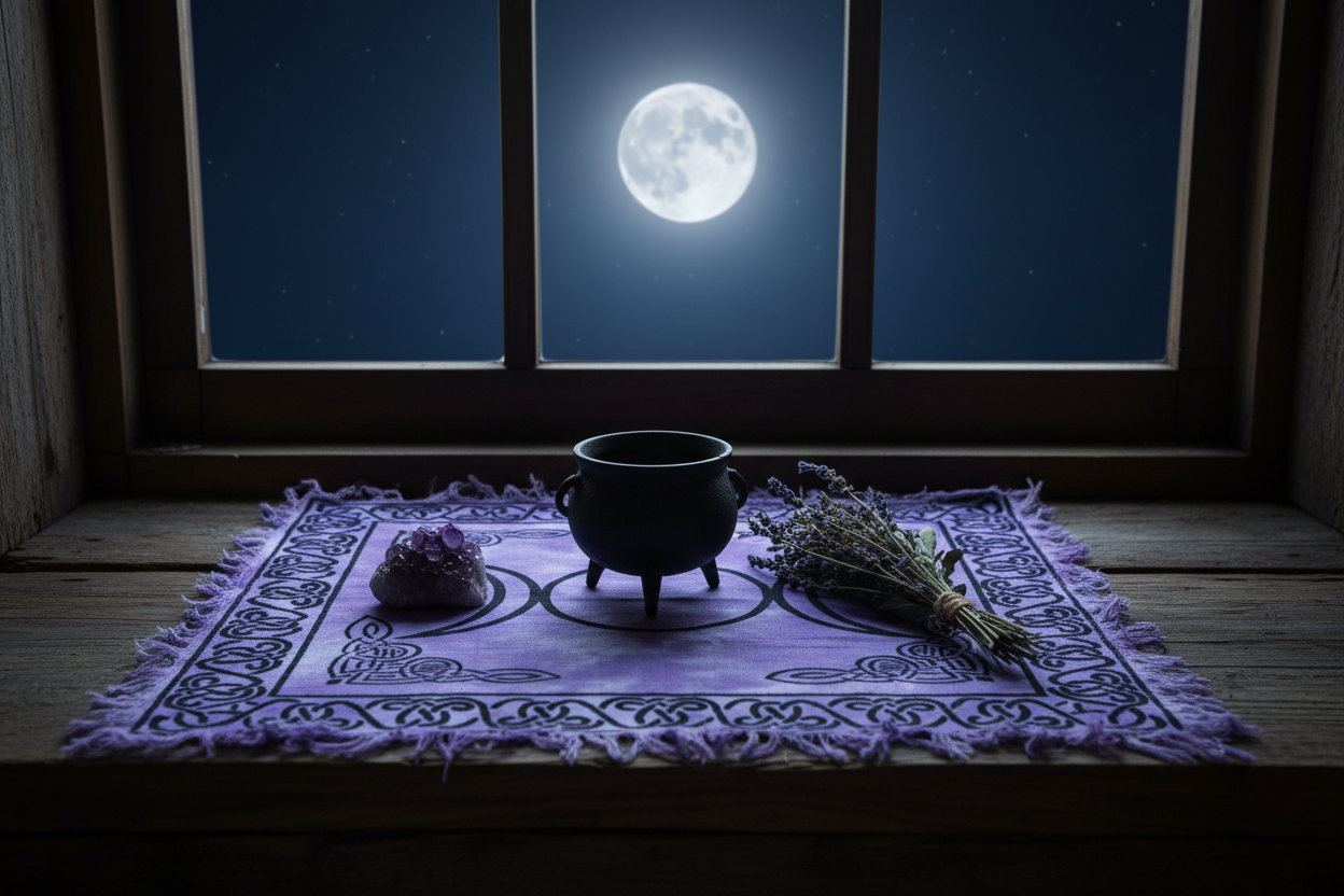 Triple Moon Altar Cloth on a moonlit windowsill altar with a black cauldron, dried herbs, and amethyst cluster under a full moon