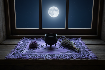 Triple Moon Altar Cloth on a moonlit windowsill altar with a black cauldron, dried herbs, and amethyst cluster under a full moon