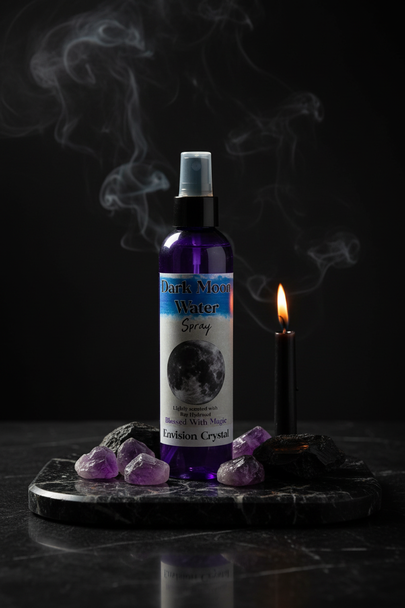 Dark Moon Water ritual spray bottle on a black marble altar with crystals and candlelight