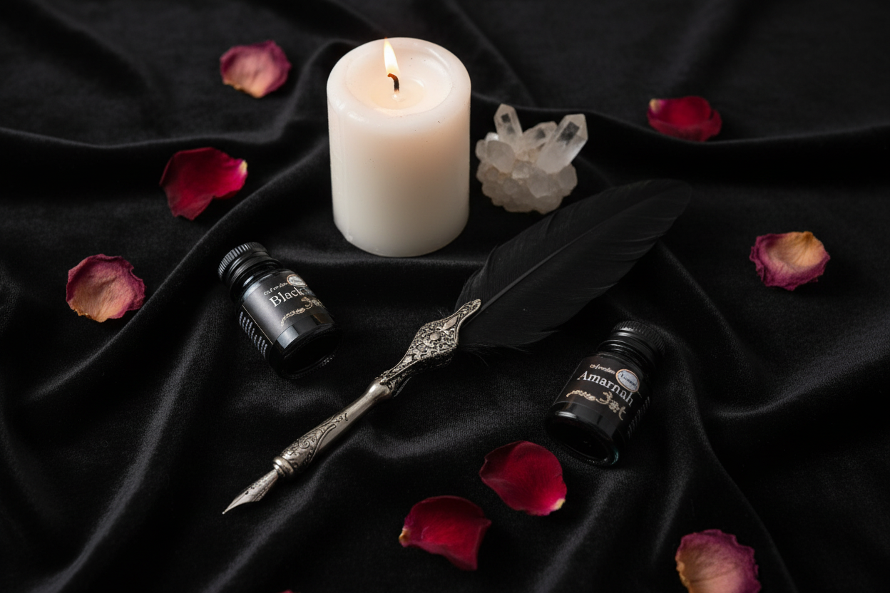 Steampunk calligraphy pen and ink bottles on black velvet with rose petals, candle, and crystal