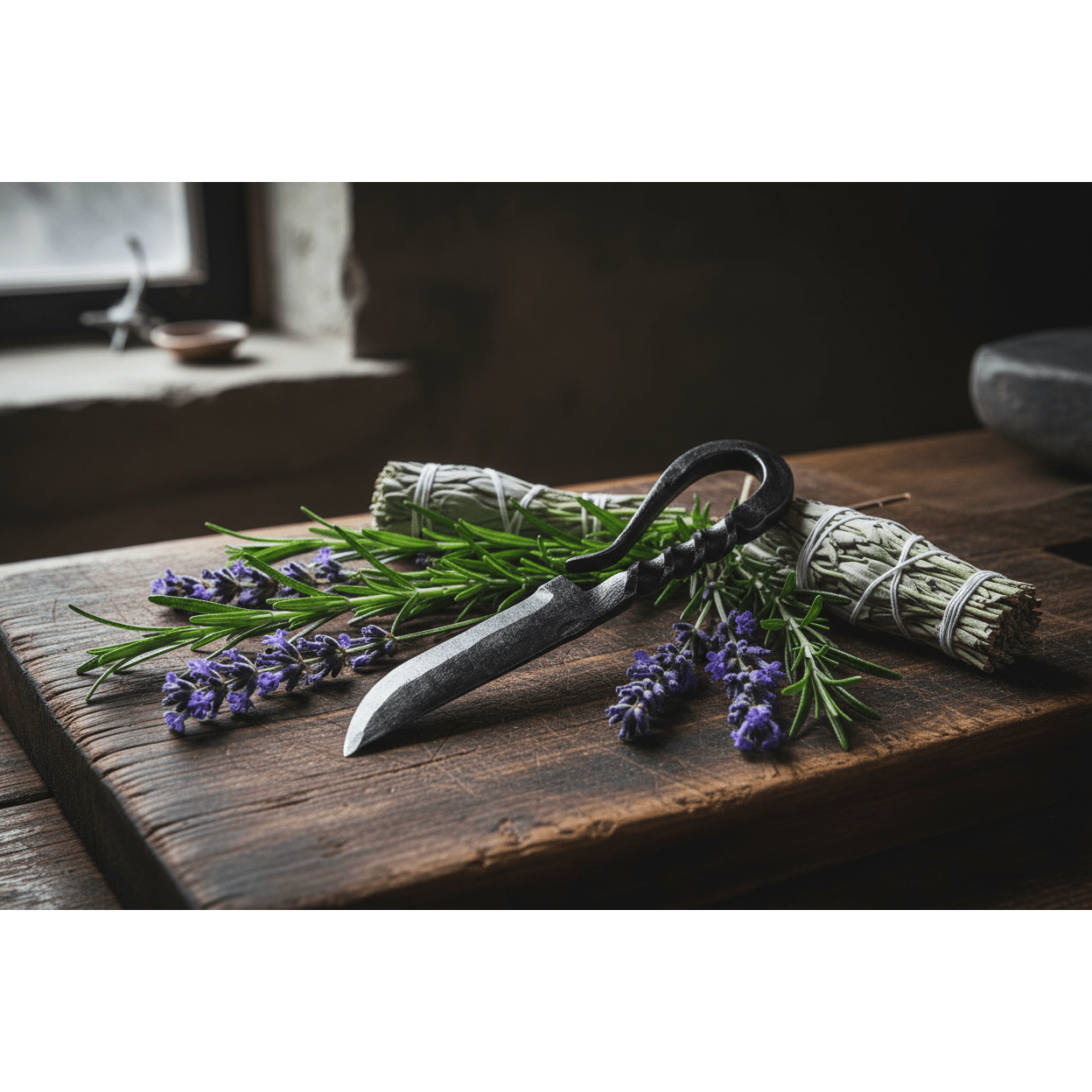 Medieval Boline resting on a wooden cutting board with fresh rosemary, lavender, and dried sage