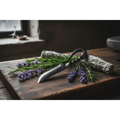 Medieval Boline resting on a wooden cutting board with fresh rosemary, lavender, and dried sage