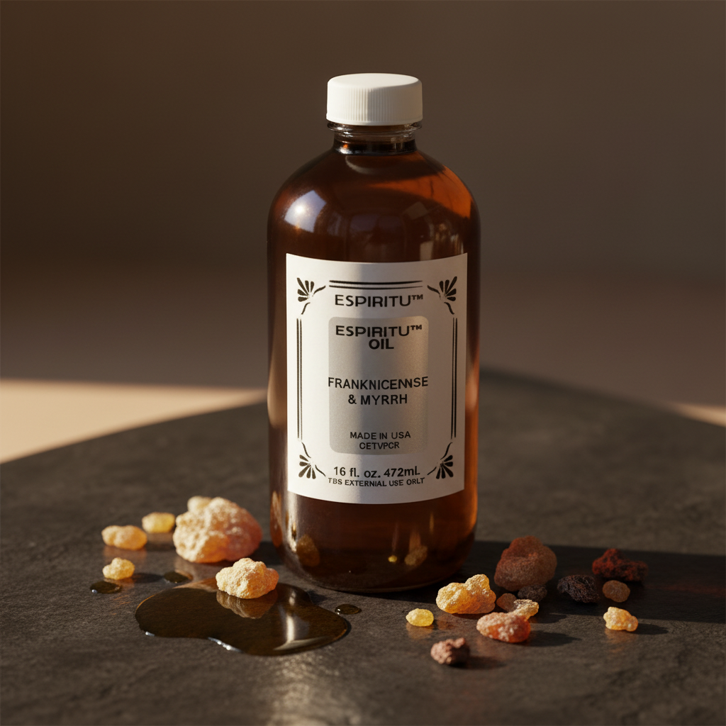 16oz Frankincense & Myrrh Anointing Oil drops on dark stone