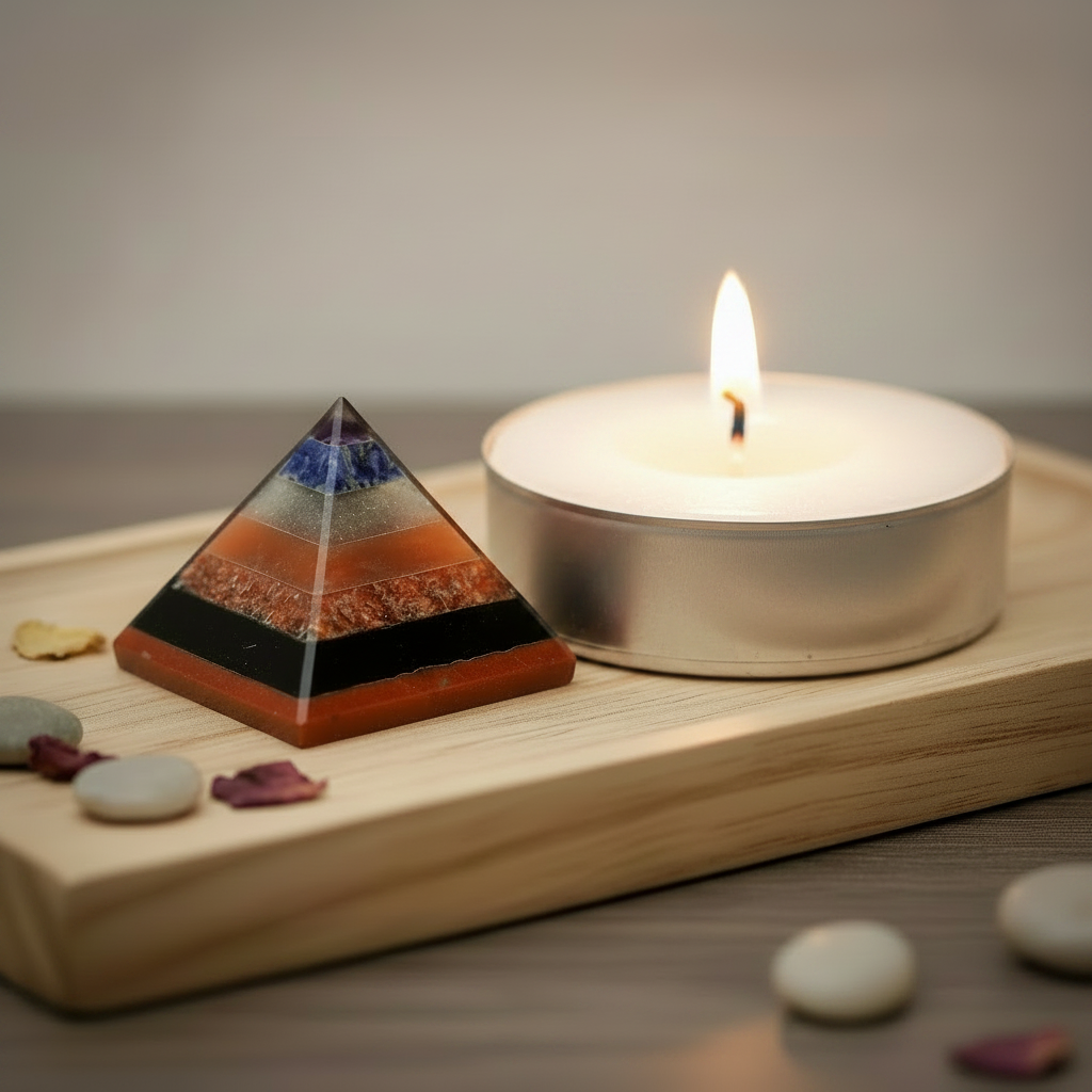 Tiny multi-layer stone pyramid beside a large white tea light candle on a wooden meditation tray, showing true miniature scale
