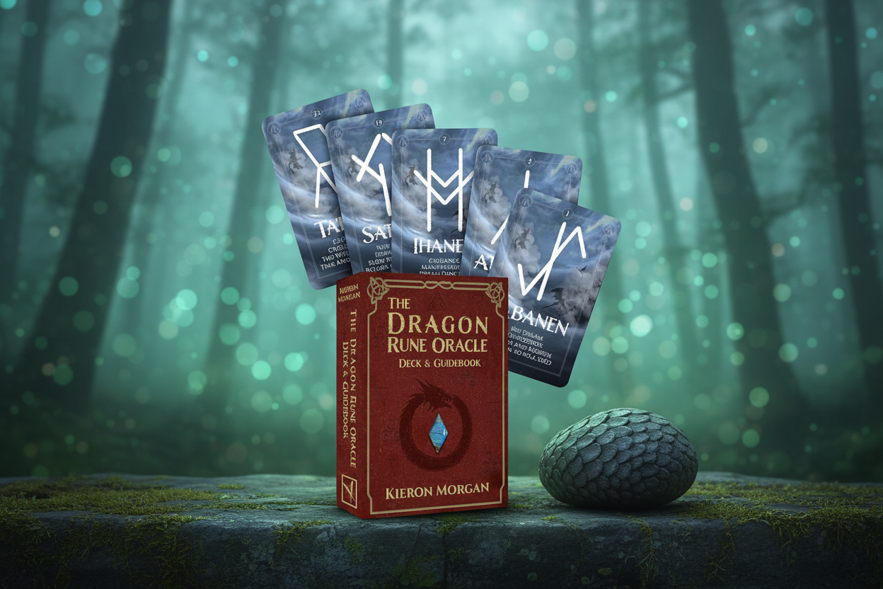 The Dragon Rune Oracle deck and guidebook on a mossy stone surface in a misty forest at dusk