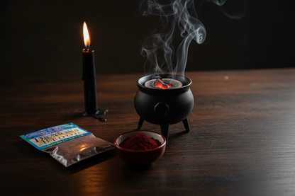 Consecrated Dragon's Blood Resin bag on dark wooden altar with charcoal cauldron, red resin powder in ceramic bowl, and black taper candle in candlelight