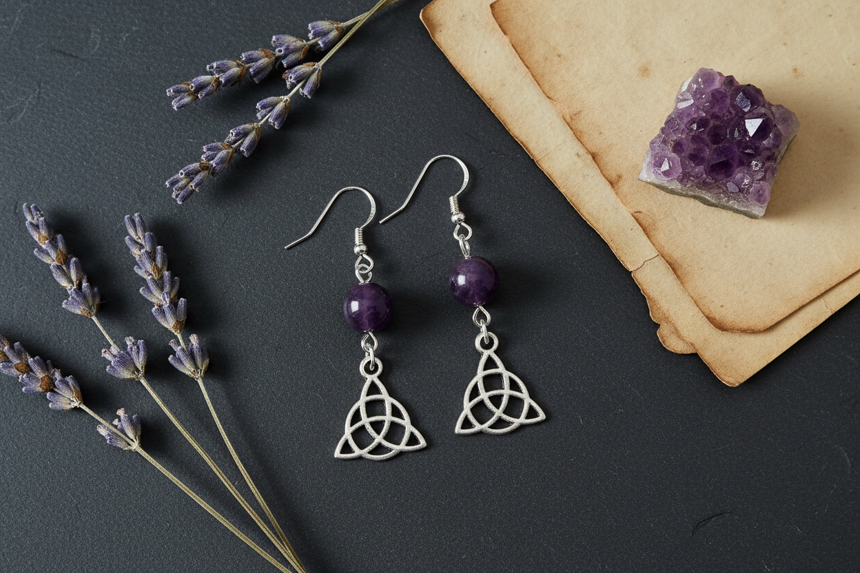 Amethyst Triquetra Earrings flat lay on dark slate with lavender and crystals