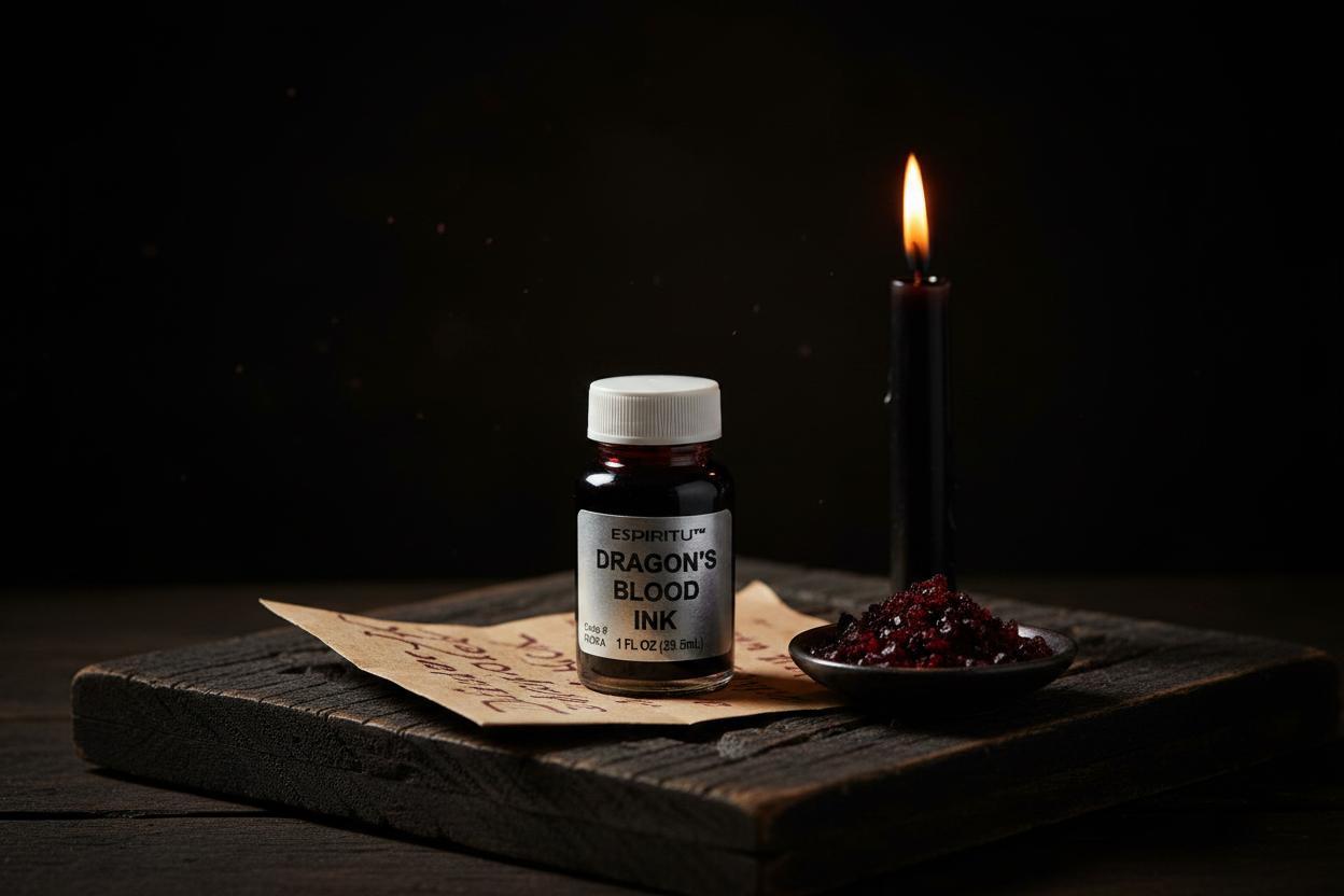 Dragon's Blood Ink 1 oz bottle on a candlelit wooden altar with black taper candle, kraft paper, and resin granules