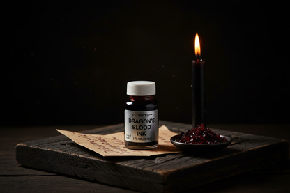 Dragon's Blood Ink 1 oz bottle on a candlelit wooden altar with black taper candle, kraft paper, and resin granules