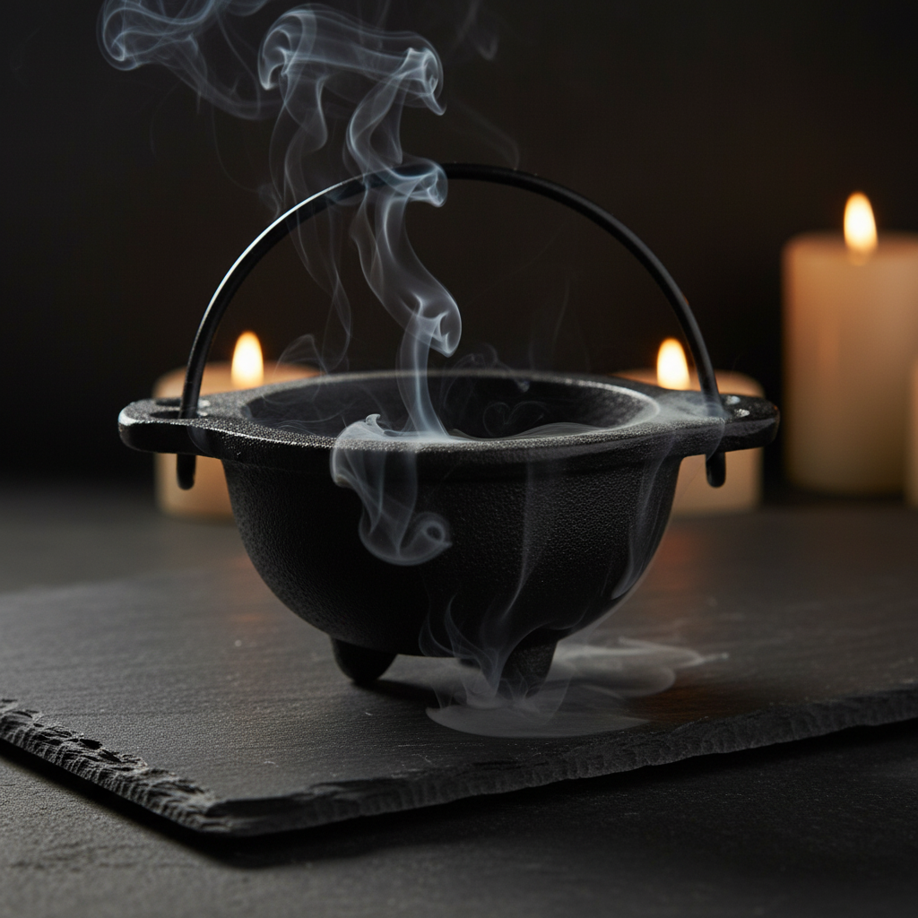 Cast iron cauldron with swing handle surrounded by incense smoke and warm candlelight