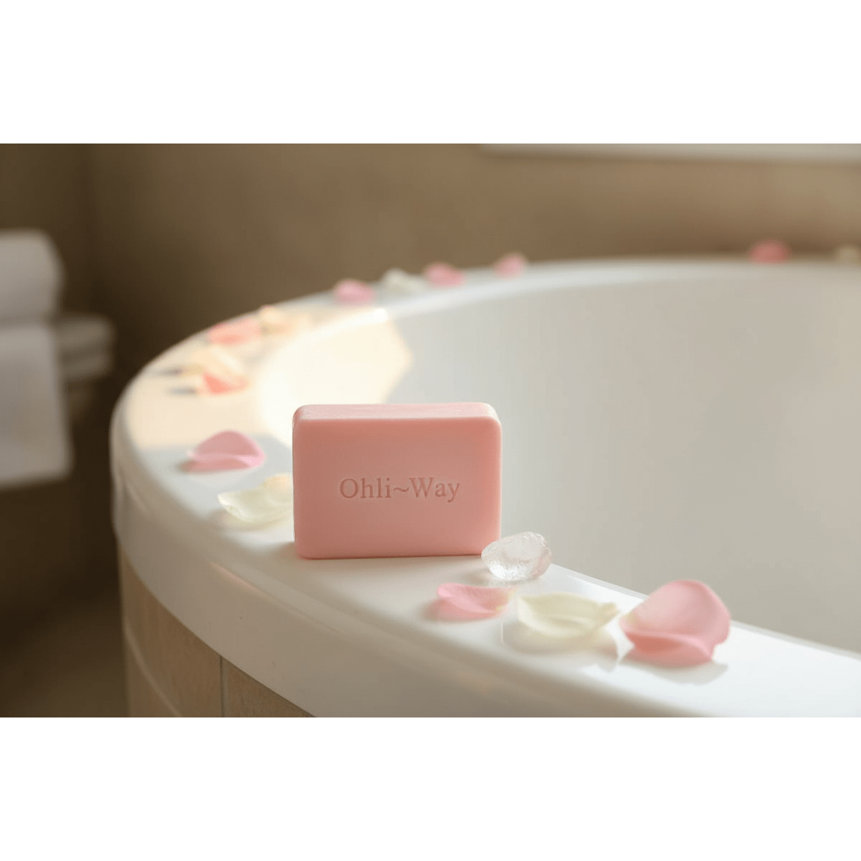 Single Ohli-Way Attraction Soap pink bar on white ceramic bathtub edge with rose petals and clear quartz crystal