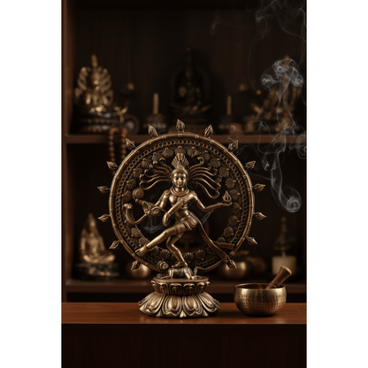 9-inch gold and bronze Shiva Nataraja statue on a meditation altar shelf beside a singing bowl with incense smoke