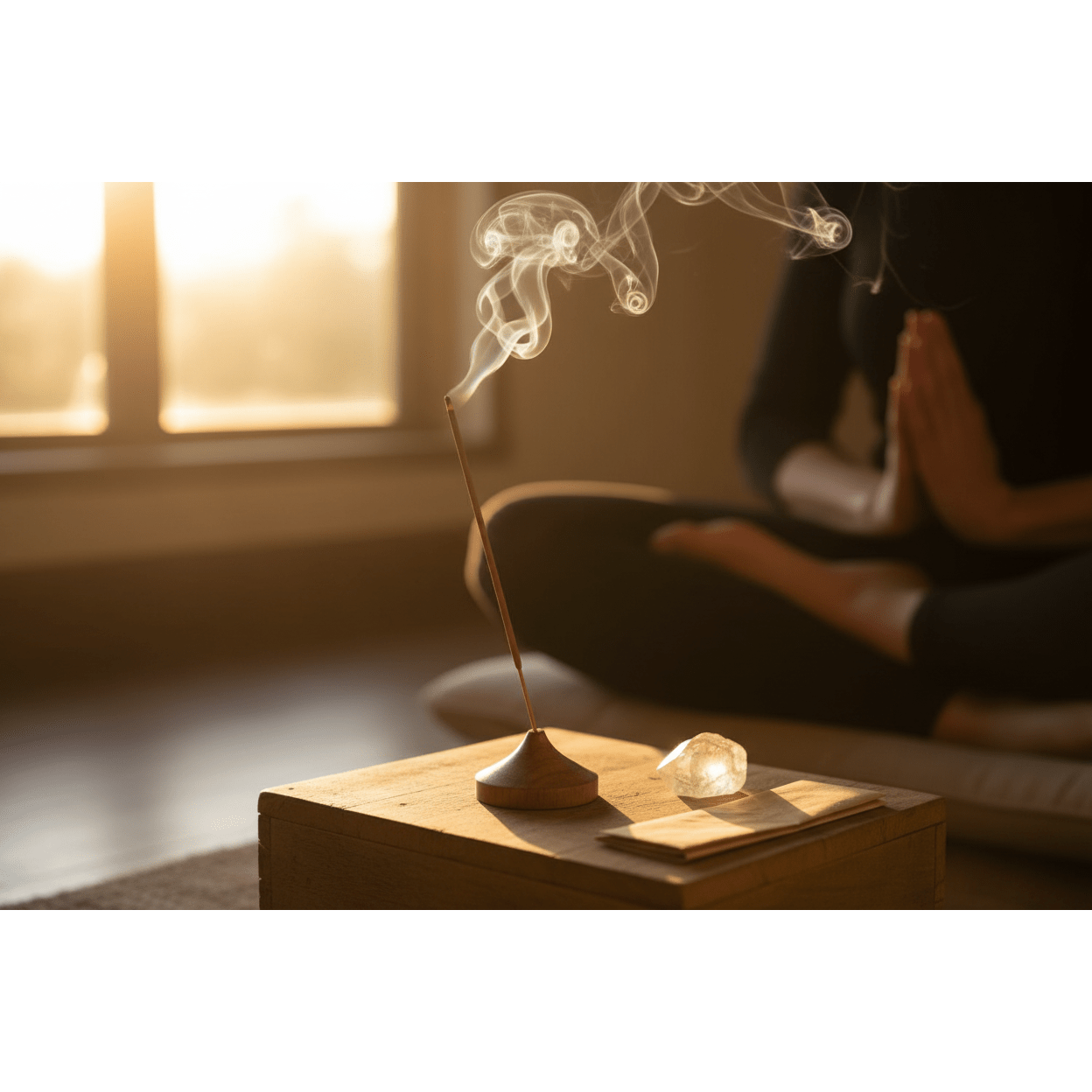 Hand-rolled incense stick burning in wooden holder on meditation altar with quartz crystal, hands in mudra pose blurred in background