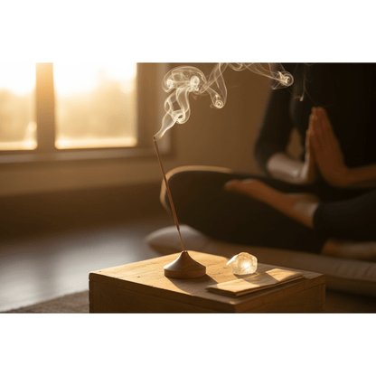 Hand-rolled incense stick burning in wooden holder on meditation altar with quartz crystal, hands in mudra pose blurred in background