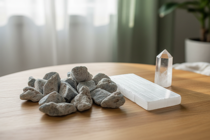 Angelite untumbled stones on wooden altar with selenite charging plate and clear quartz point