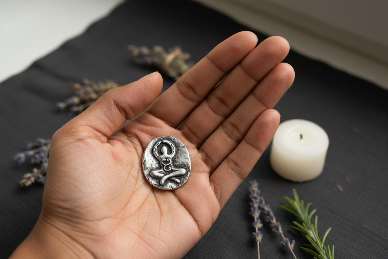 Goddess pewter pocket stone resting on a palm, showing its tiny 1 inch size