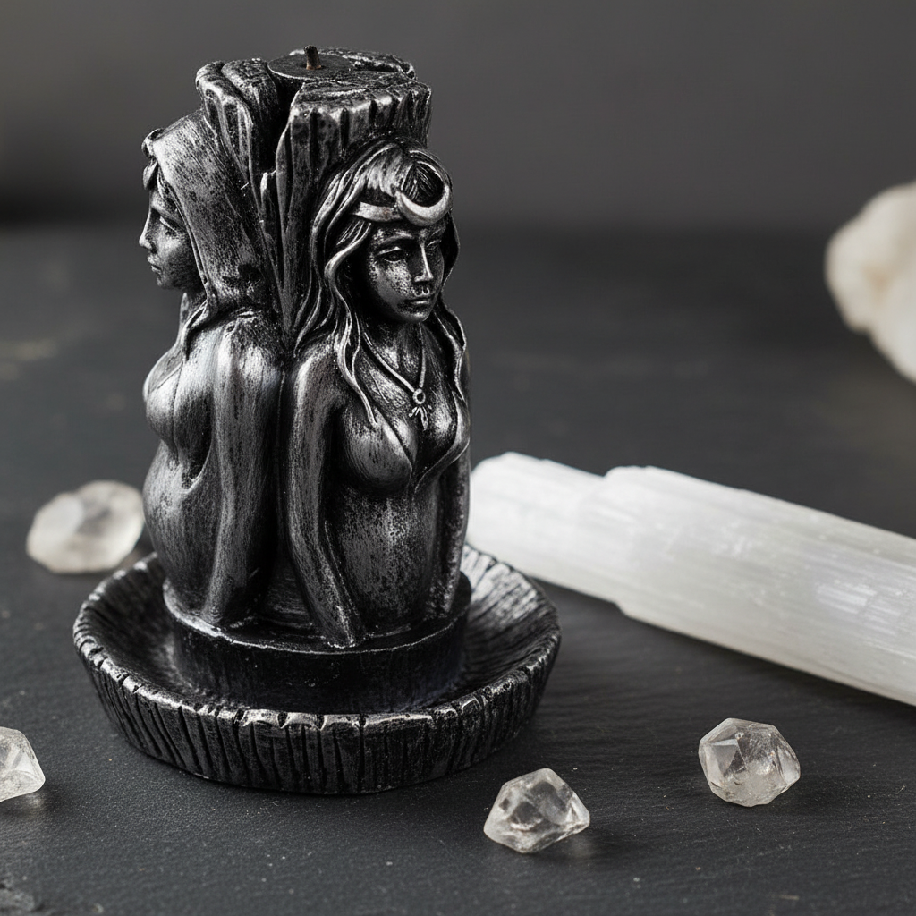 Maiden, Mother, Crone backflow incense burner close-up with selenite crystals and quartz on dark slate