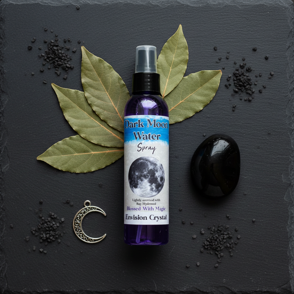 Dark Moon Water ritual spray flat lay with bay leaves, obsidian, crescent moon charm, and black salt on dark slate
