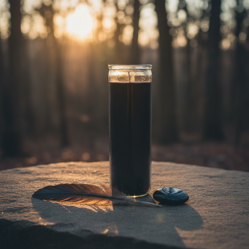 Slim black 7-day jar candle on stone surface outdoors at dusk with crow feather and obsidian palm stone