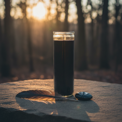 Slim black 7-day jar candle on stone surface outdoors at dusk with crow feather and obsidian palm stone