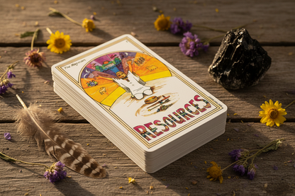 Medicine Woman Tarot deck on rustic wood surrounded by dried wildflowers, a feather, and black tourmaline in golden hour light