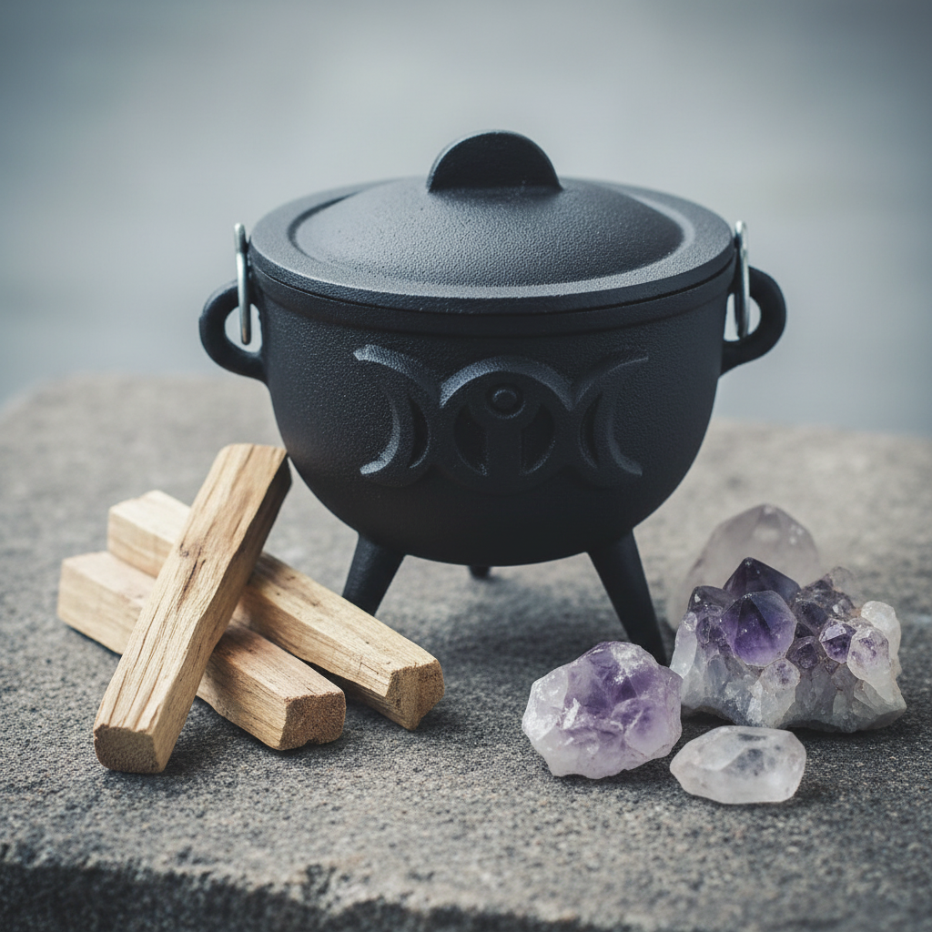 4.5-inch Triple Moon cast iron cauldron with palo santo sticks and crystals on a stone surface in cool grey tones
