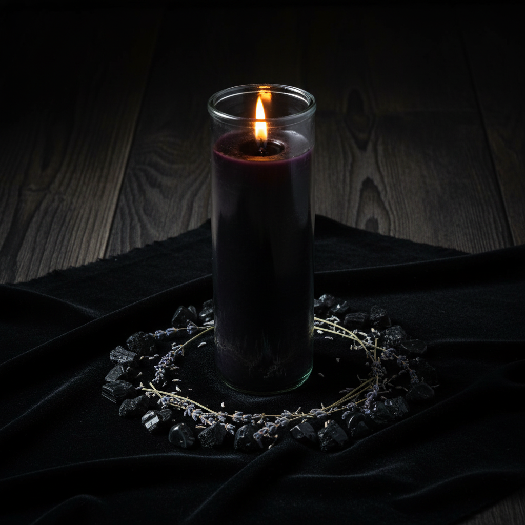 Black 7-day jar candle on black velvet cloth surrounded by black tourmaline stones and dried lavender in a ritual circle