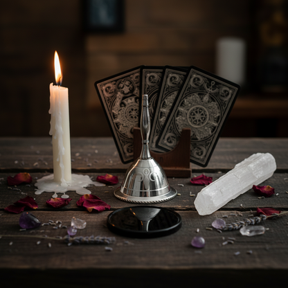 Earth Goddess Silver Altar Bell 2.5 inch on ritual altar with candle and selenite wand